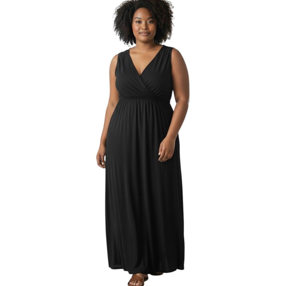Philosophy Dress Womens 2X Black V Neck Empire Waist Stretch Maxi Minimalist